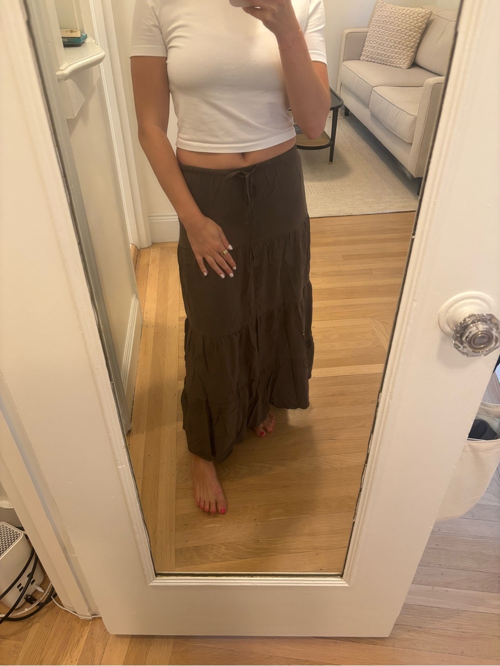 Bershka Brown Tiered Maxi Skirt with Drawstring Waist